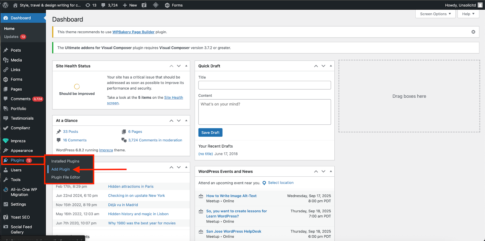 Clicking on the Add Plugin option on the Plugins tab on WordPress Dashboard