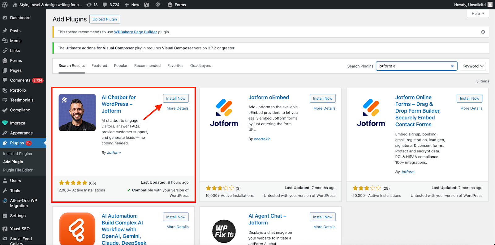 Clicking on the Install Now button on the AI Chatbot for WordPress - Jotform option