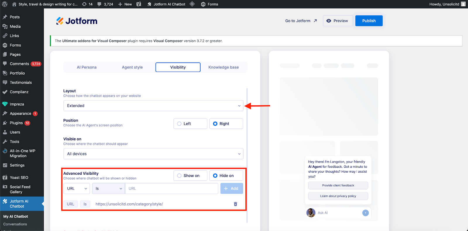 Highlighting the Advanced Visibility option under the Visibility tab