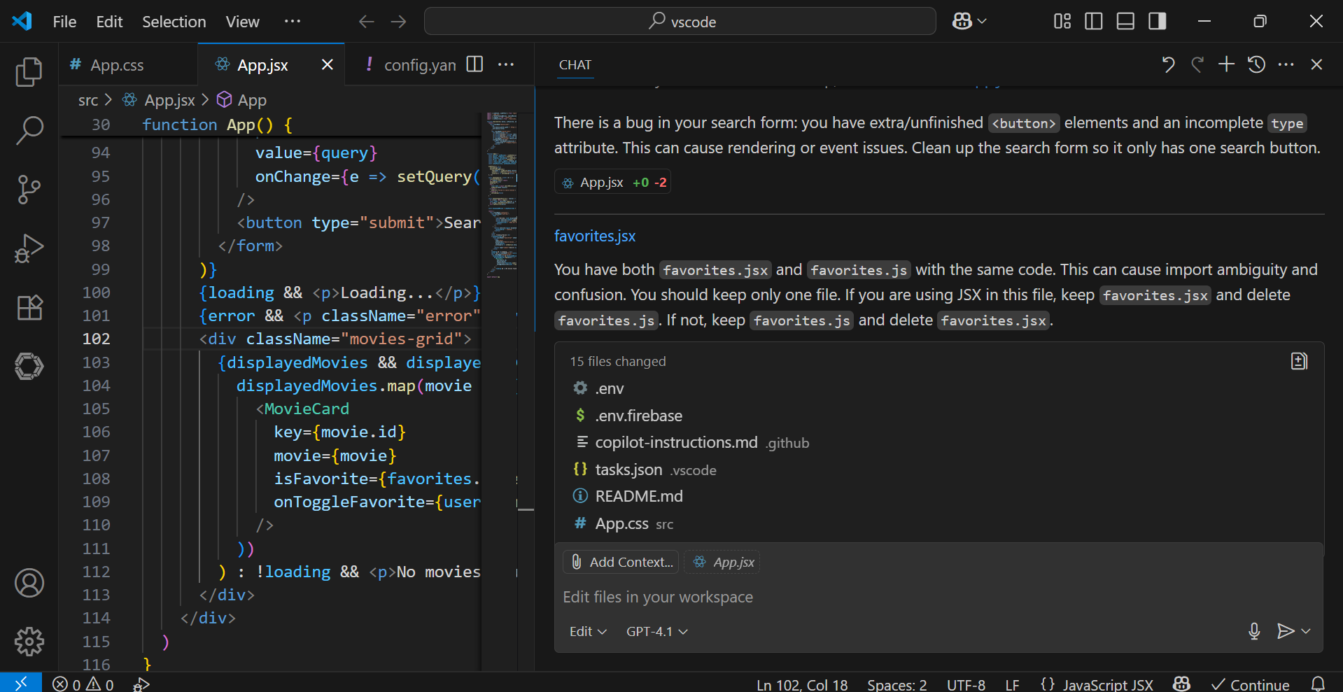 screenshot of github copilot built into visual studio code