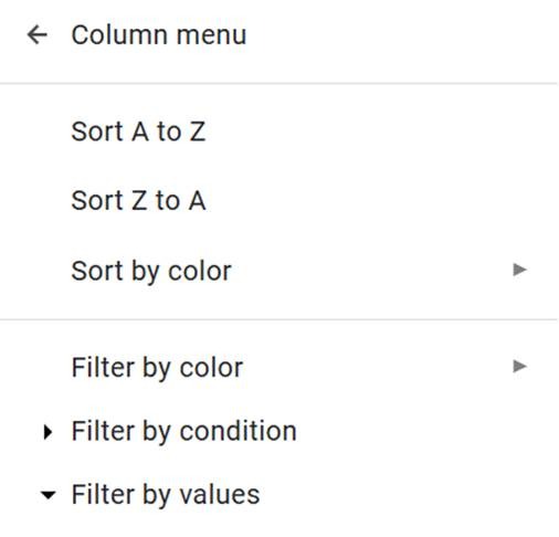 "Filtre oluştur" menüsünü gösteren Google E-Tablolar arayüzü