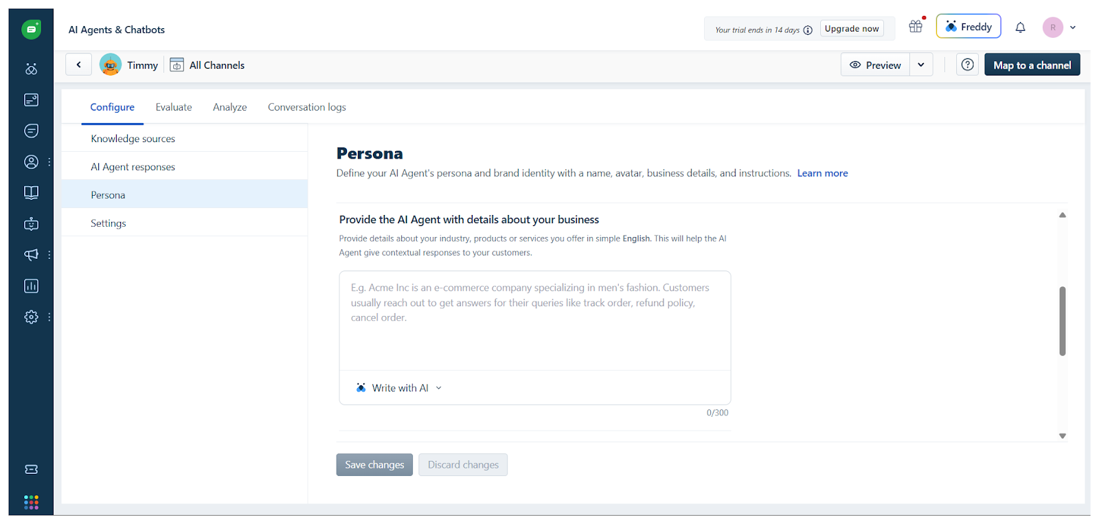 screenshot of Freddy AI Agent product interface showing the training sections of the agent persona