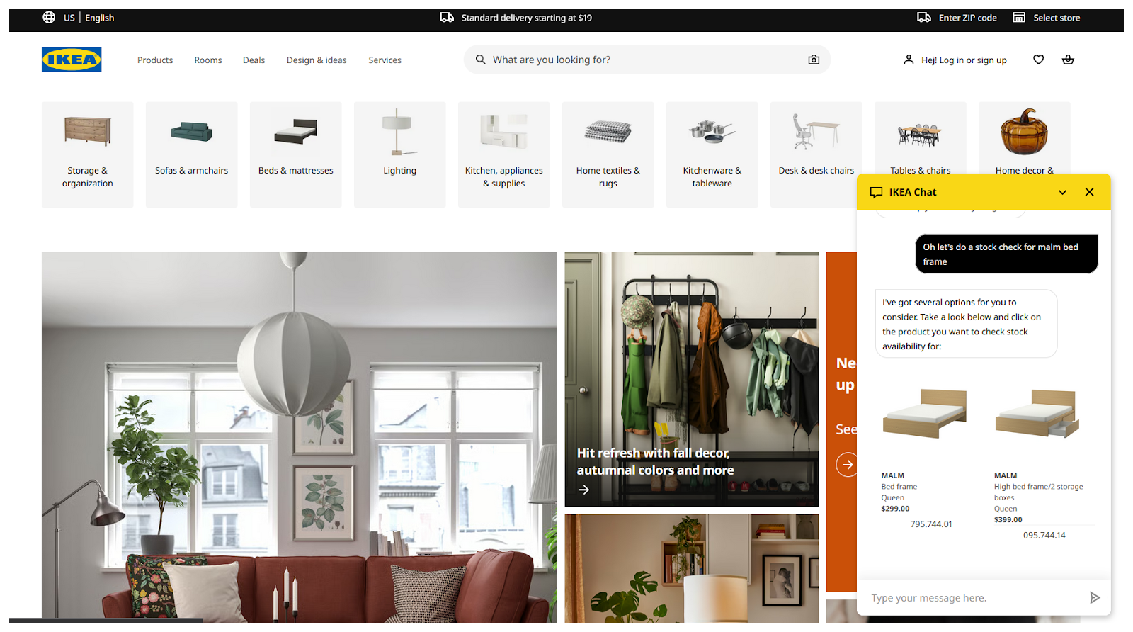 Screenshot of Ikea's AI agent chatbot