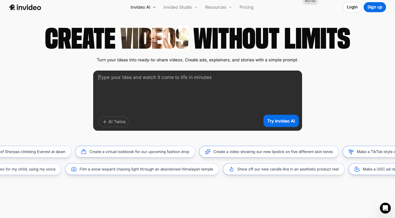invideo ai website homepage with the following words create videos without limits