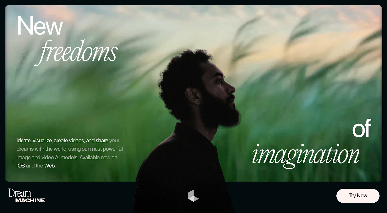 screenshot of Luma AI Dream Machine website homepage saying new freedoms of imagination