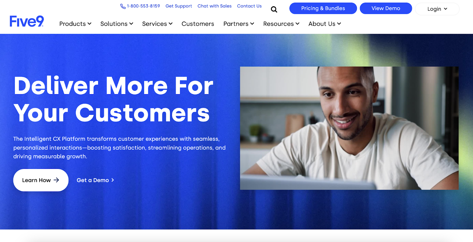 Screenshot of a Five9 landing page, featuring a close-up image of a customer and buttons to click to learn more or get a demo
