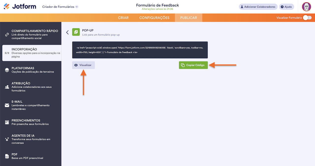 Copiando Código de Incorporação