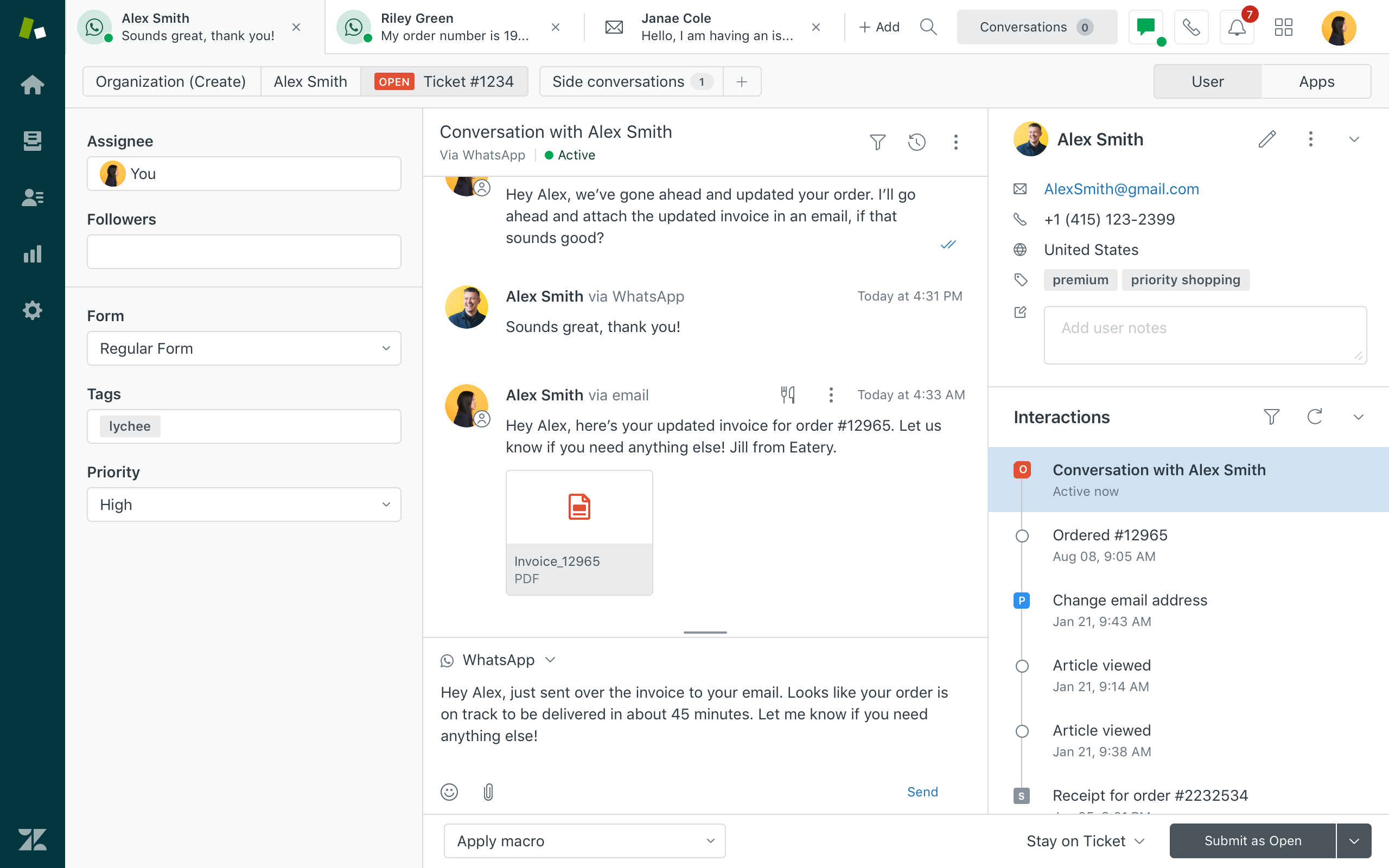 Zendesk customer support dashboard showing a ticket list with statuses, assignees, and priorities, alongside a conversation view and filters for managing incoming support requests