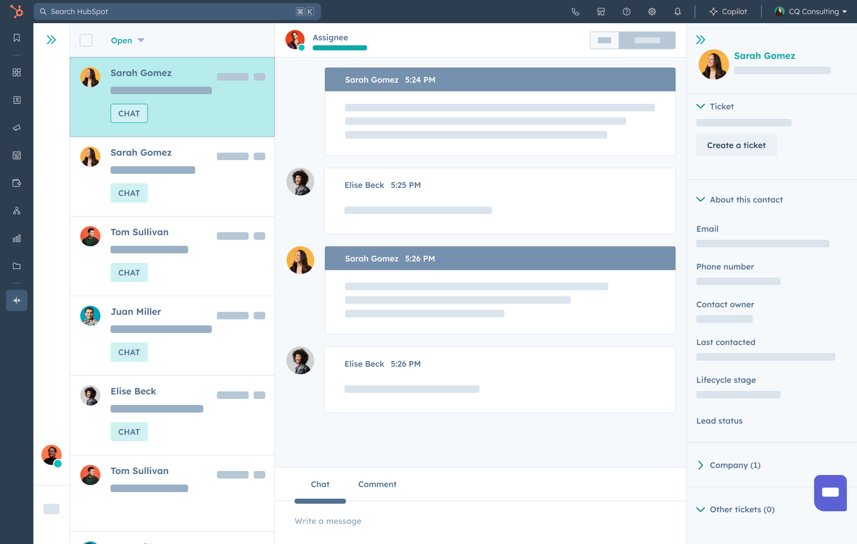 HubSpot service dashboard presenting customer conversations, ticket timelines, and agent activity within a unified customer support and CRM interface