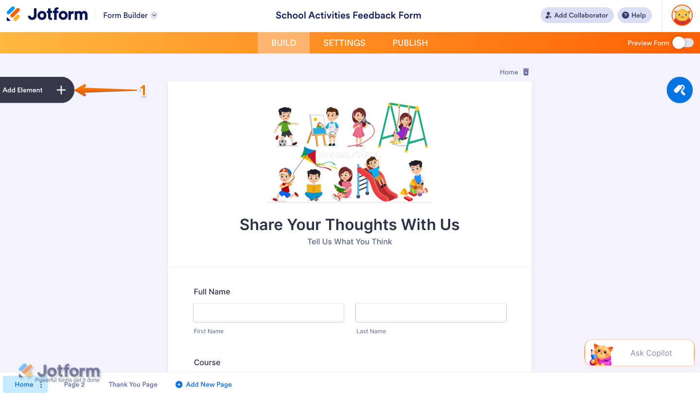 Form Builder interface showing the Add Element button on the left side of the page
