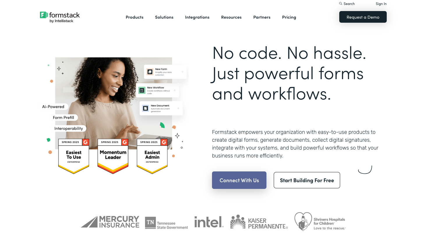 Screenshot of Formstack's landing page, showing a headline "No code