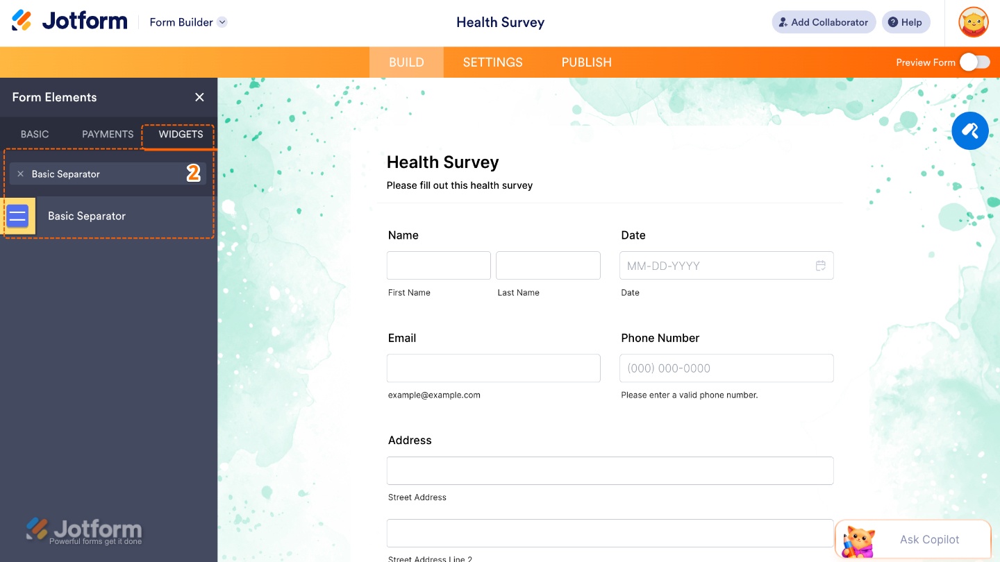 Form Elements menu under the Widgets tab showing the Basic Separator widget being searched and selected