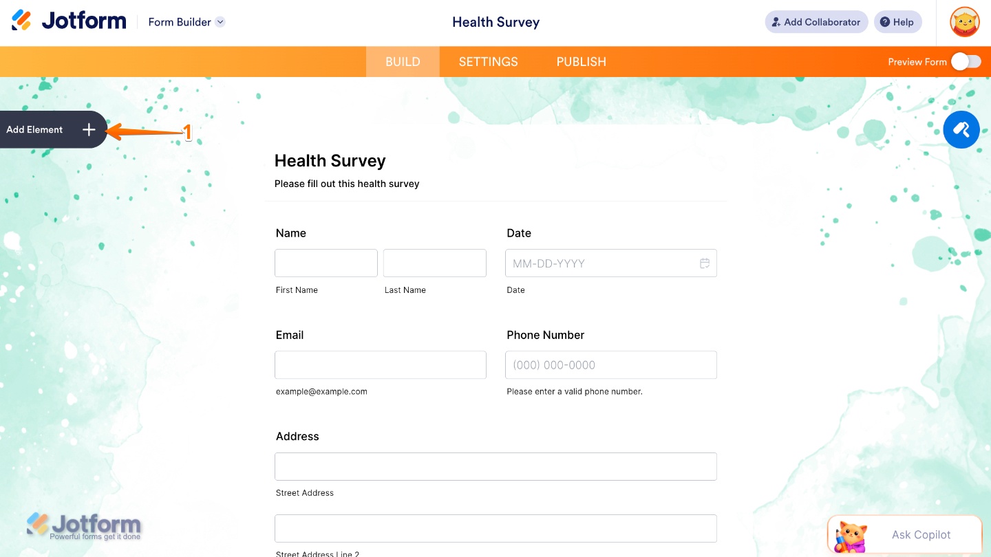 Form Builder dashboard showing the Add Element button on the left-side panel