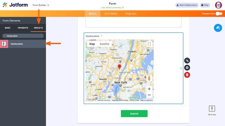 Screenshot of the Jotform Form Builder showing the Widgets tab open, with the “Geolocation” widget selected and a Google Map preview displayed inside the form