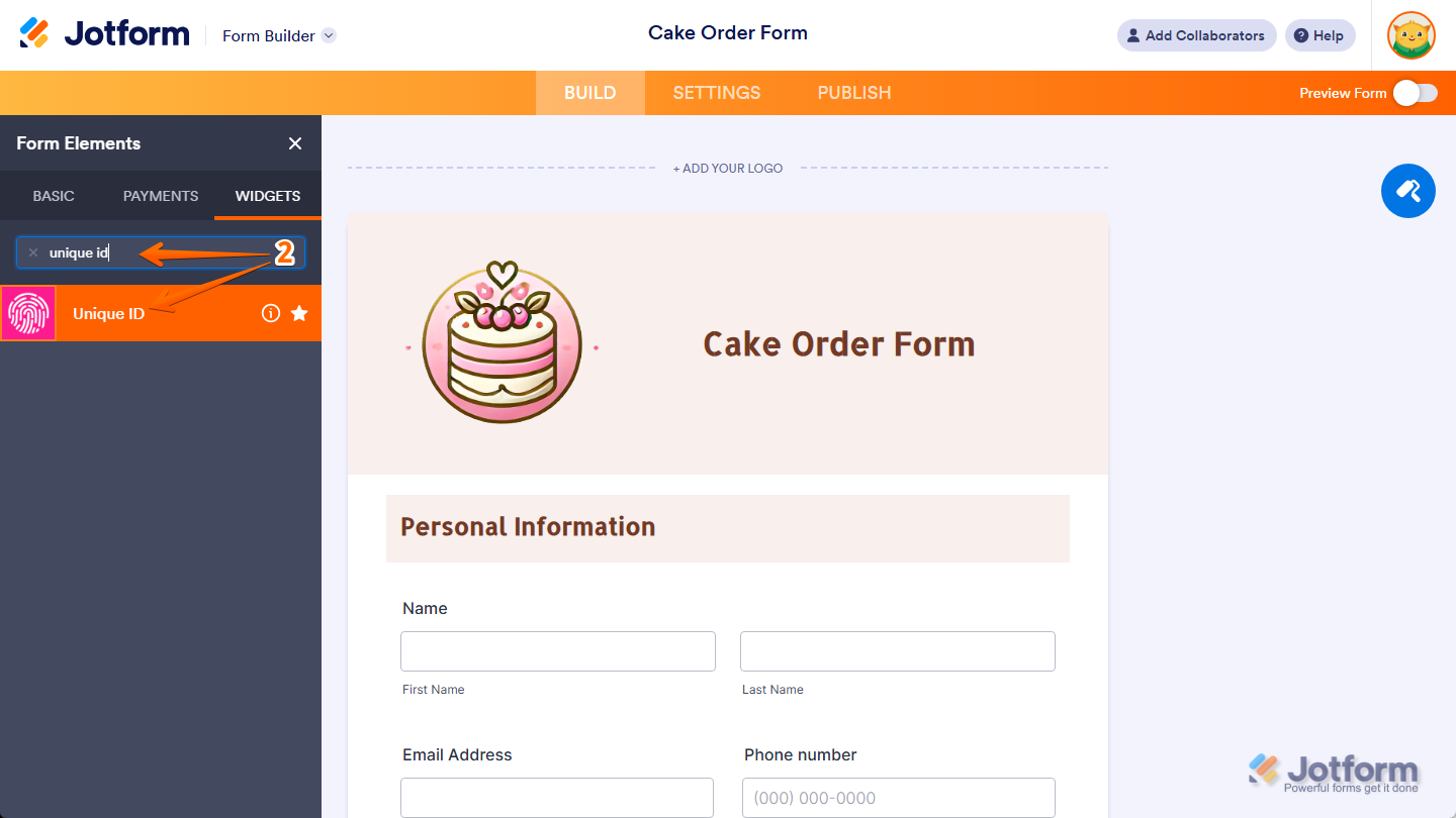 Jotform Form Builder showing the Form Elements panel under the Widgets tab with “Unique ID” selected from the list