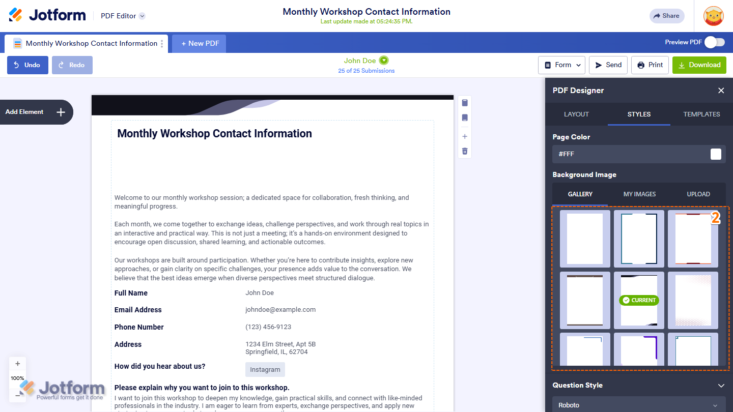 PDF Designer pattern gallery showing selectable background patterns in Jotform
