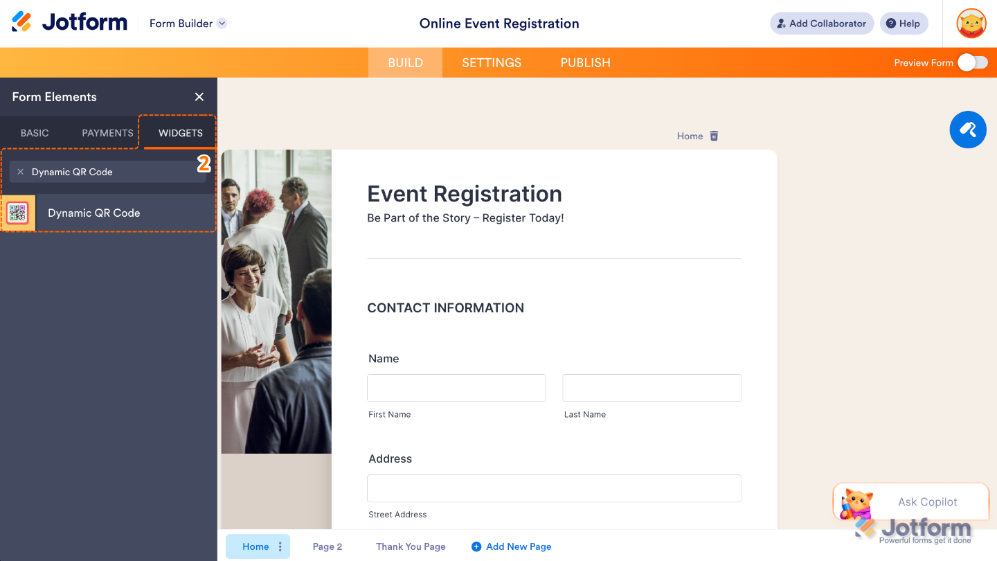 Form Elements menu under the Widgets tab showing the Dynamic QR Code widget being searched and selected