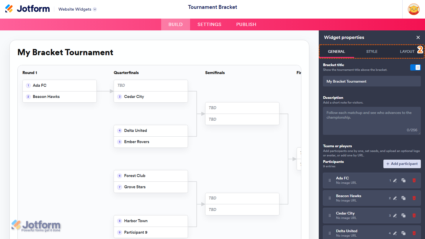Jotform Website Widget Builder displaying the Widget Properties panel with the General, Style, and Layout tabs open, allowing users to edit the appearance, content, and display settings of the Tournament Bracket widget