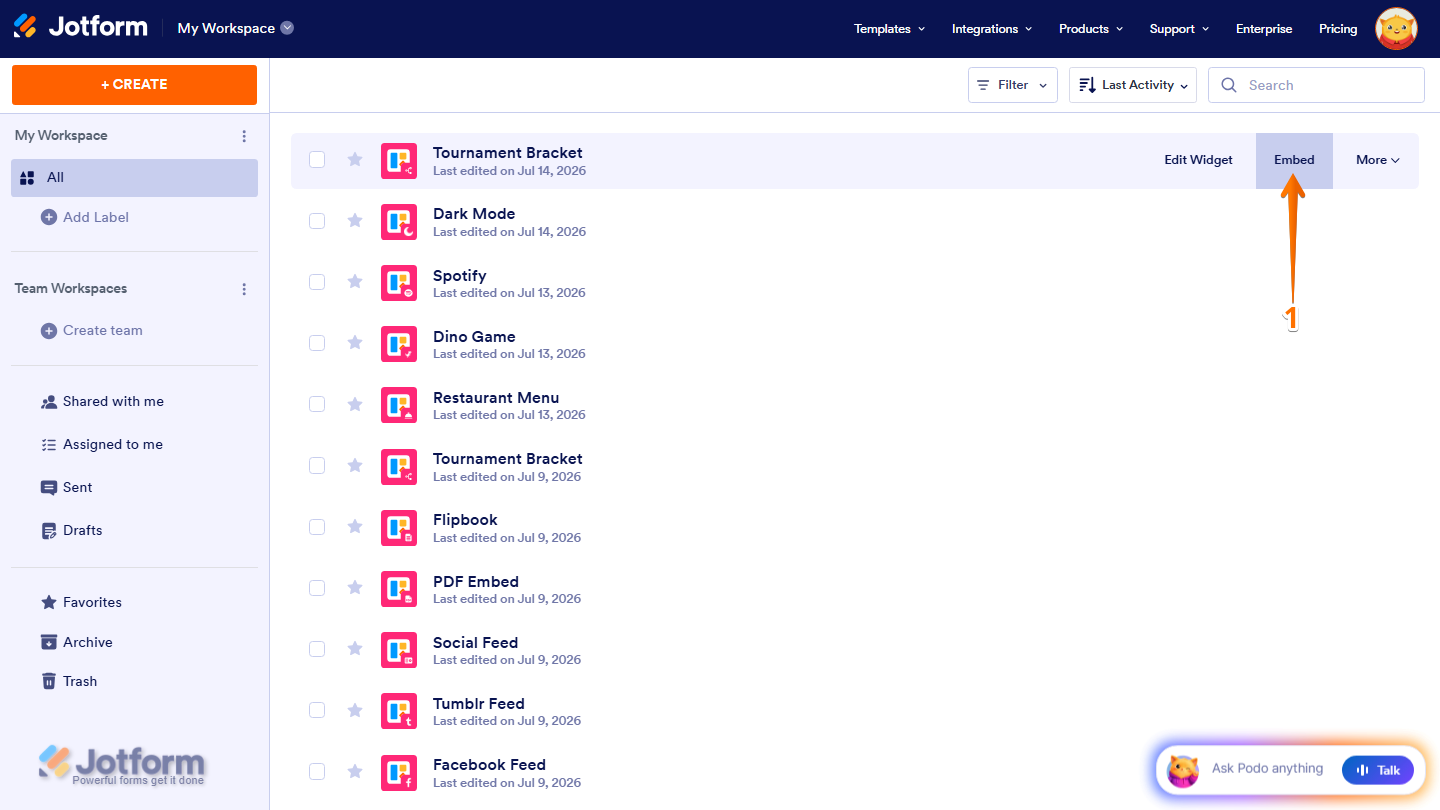 Jotform Workspace displaying a website widget with the Embed option visible on the right side of the widget card, ready to open the embed options and copy the widget code