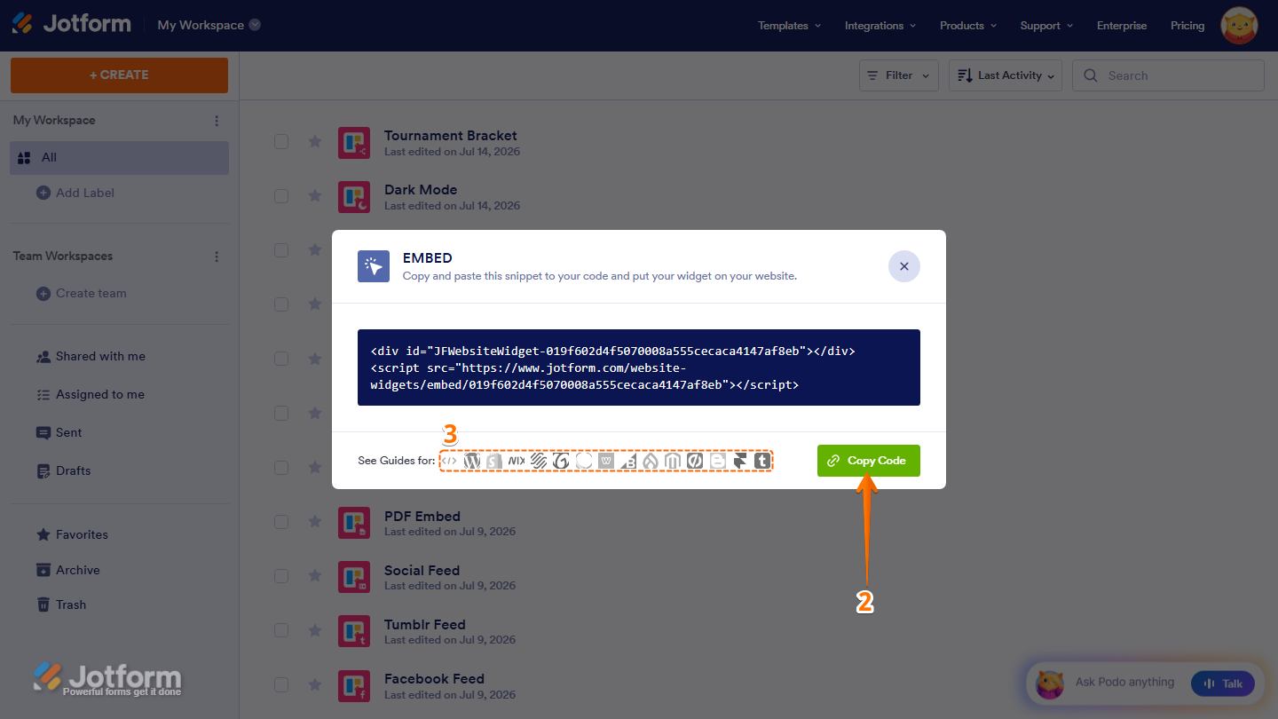 Jotform Embed window displaying the Copy Code button for copying the website widget embed code, with supported platform icons available in the bottom-left corner for viewing platform-specific embedding instructions