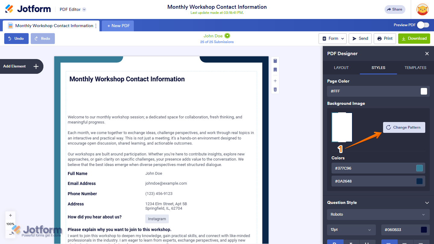 PDF Designer Style tab showing Change Pattern option in Jotform