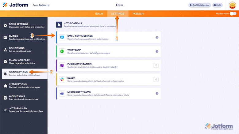 Jotform Form Builder Settings Tab Notifications Menu SMS/Text Message Option