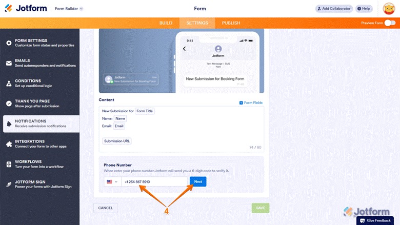 Jotform Form Builder Notification Settings Phone Number Entry