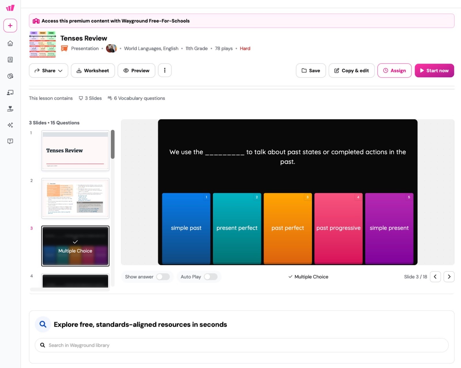 Wayground quiz editor displaying a multiple-choice question with colorful answer options and slide navigation panel