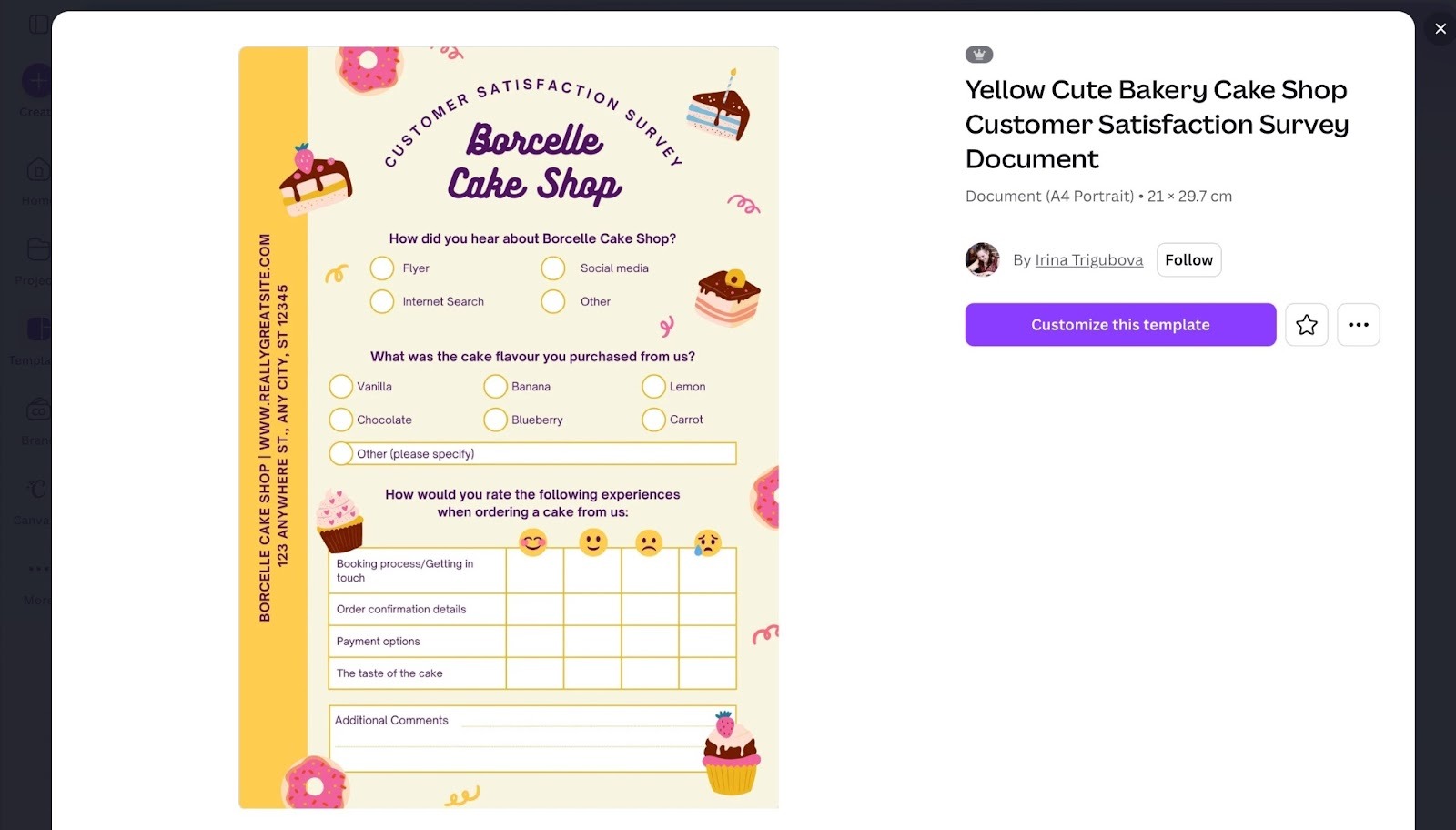 Screenshot of a Canva template preview for a bakery customer satisfaction survey, with the form shown on the left and a purple “Customize this template” button on the right
