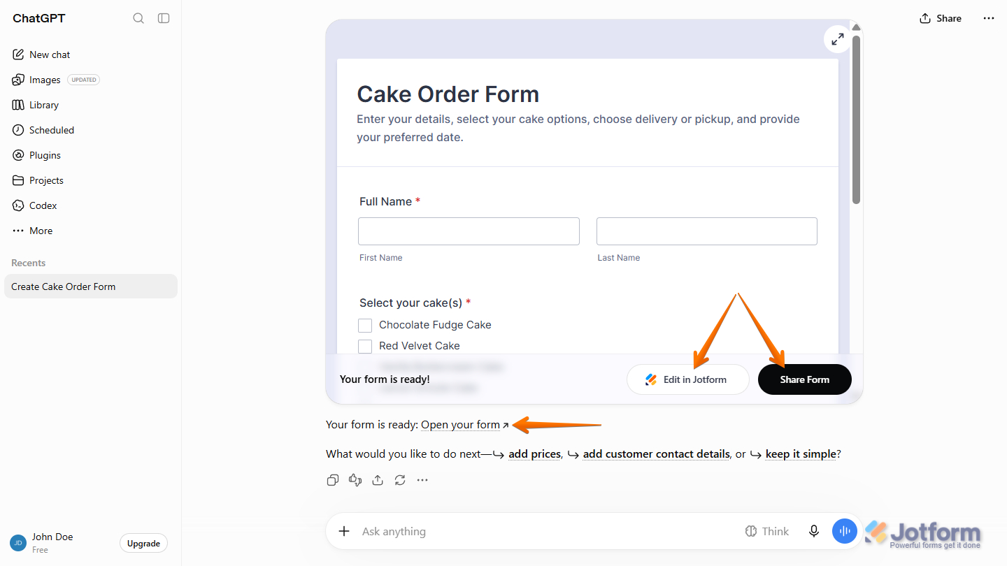 Newly created Jotform form preview in the ChatGPT chat