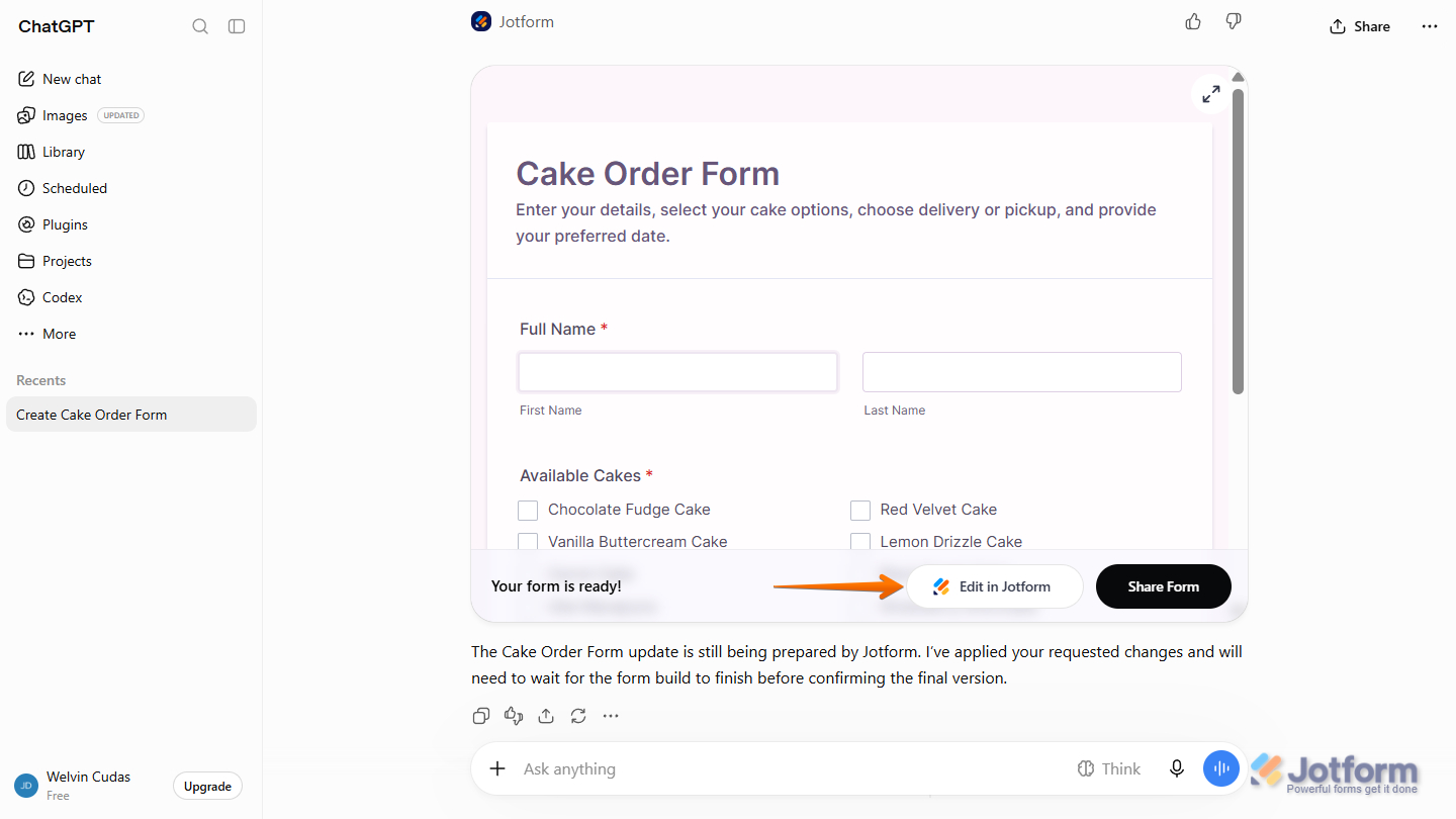 Edit Form button in the confirmation message for Jotform App in the ChatGPT chat