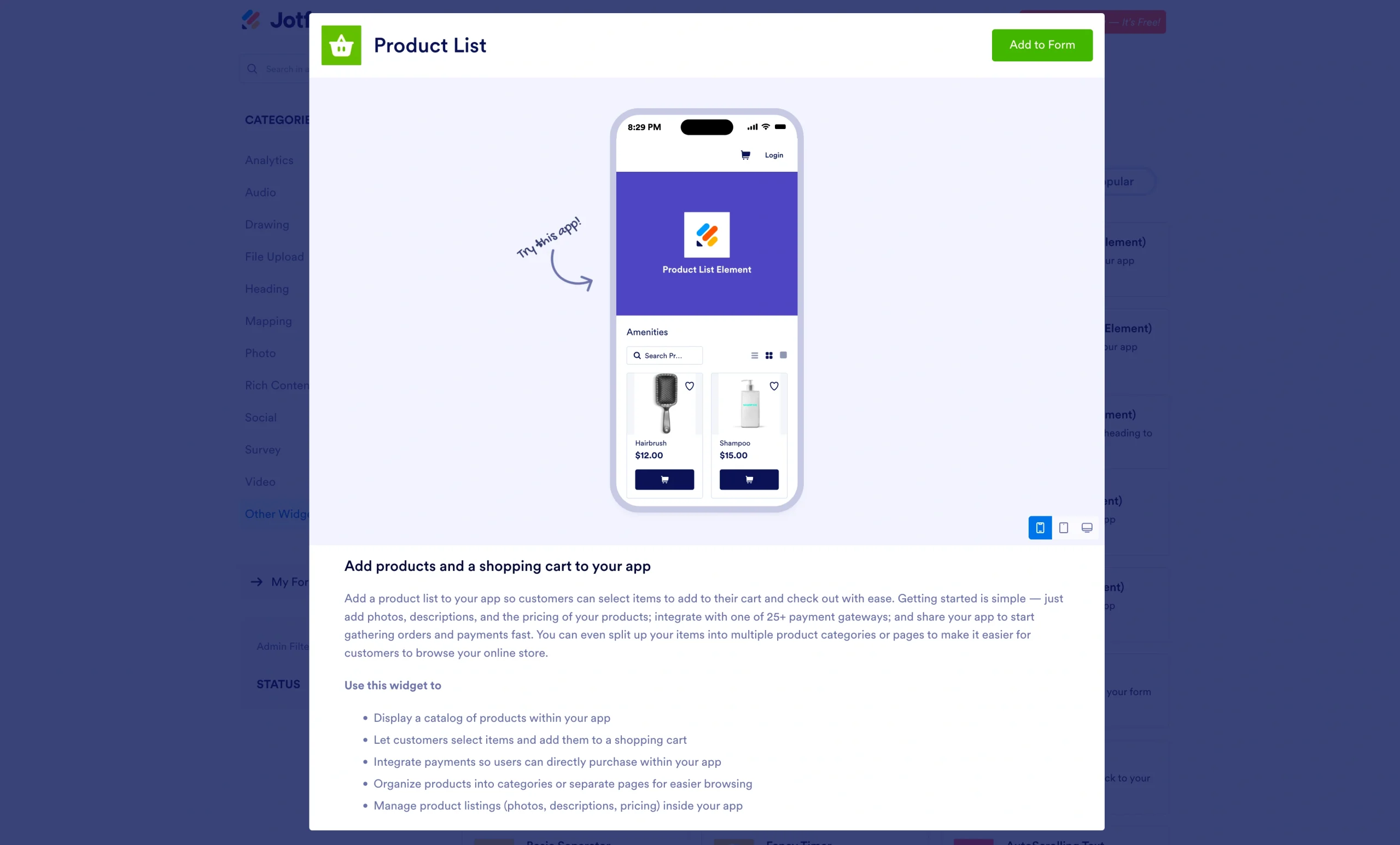 Jotform Product List widget interface showing mobile app preview with shopping items and “Add to Form” button