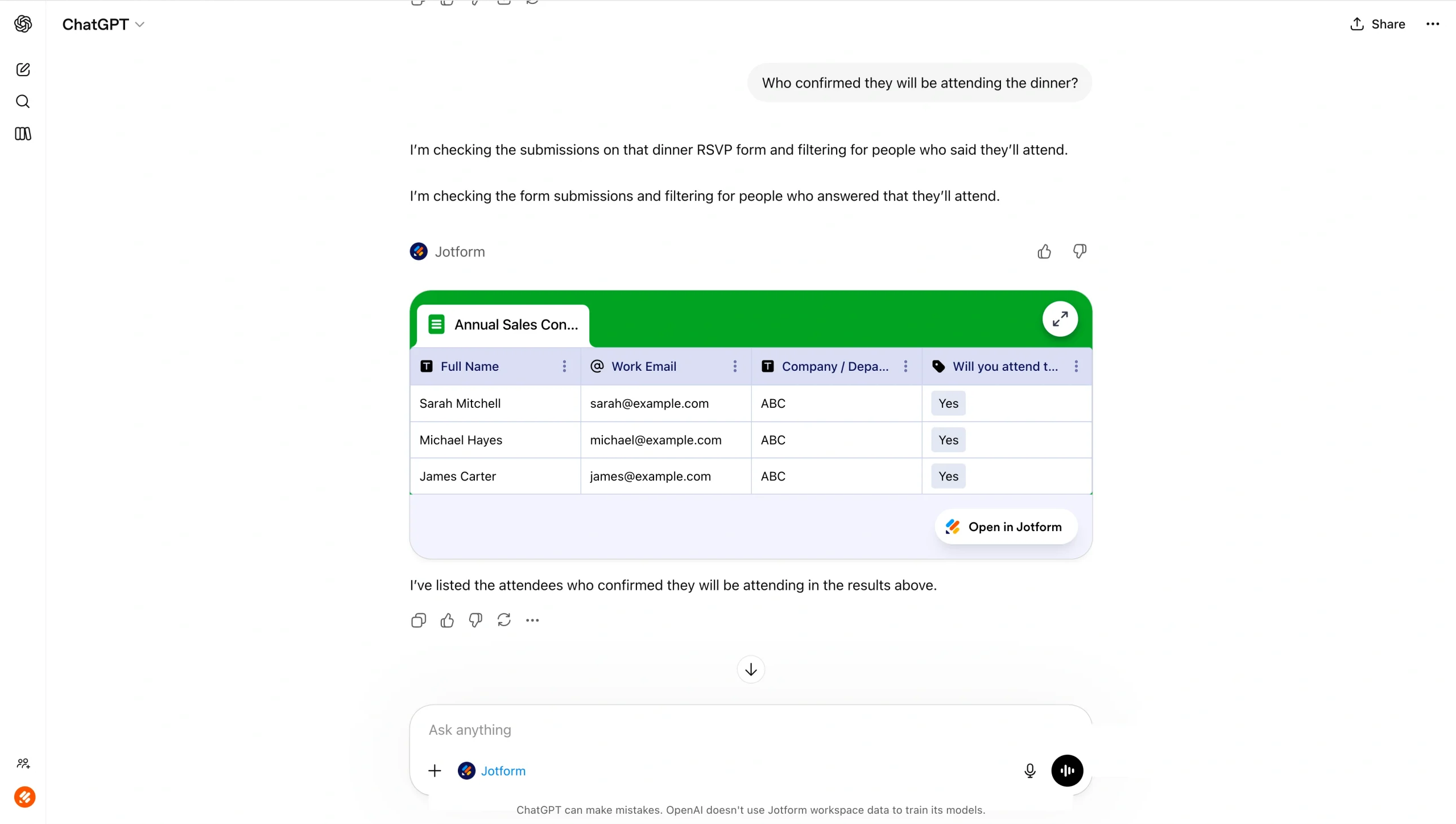 Jotform response table shown inside a ChatGPT conversation, highlighting filtered RSVP submissions with attendee names, email addresses, company details, and confirmation responses, plus an “Open in Jotform” button below the table