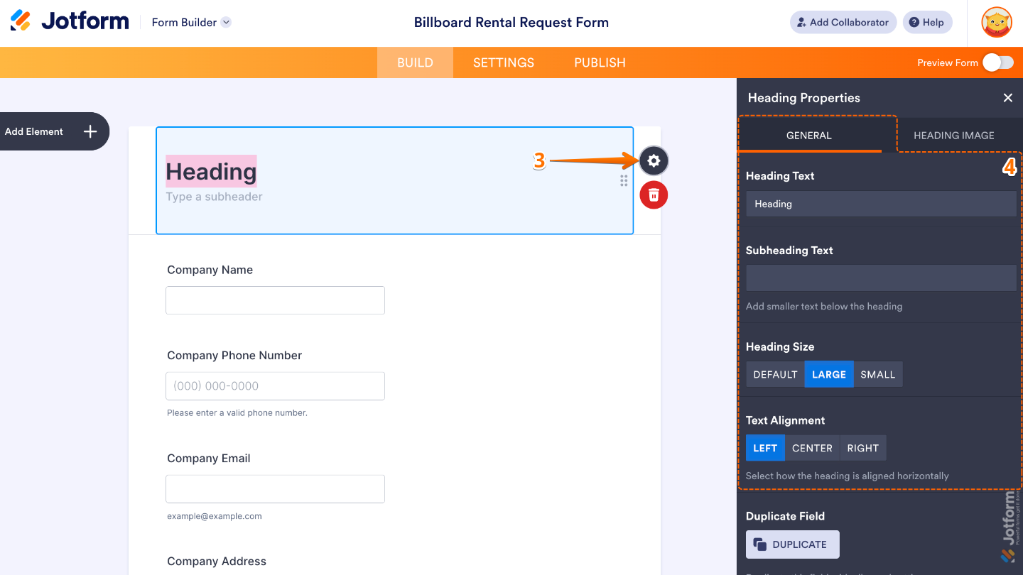 Heading element properties panel showing options for heading text, subheading text, size, and text alignment