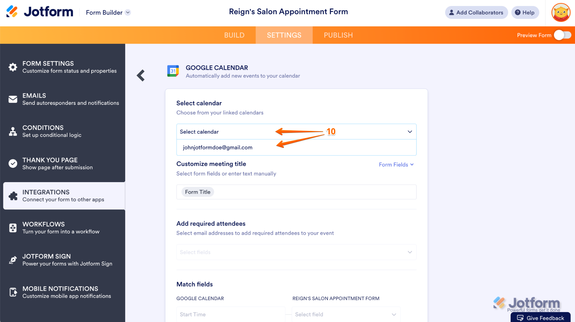 Jotform Google Calendar integration settings showing the "Select calendar" dropdown menu expanded, with a list of available calendars to choose from for syncing form appointments