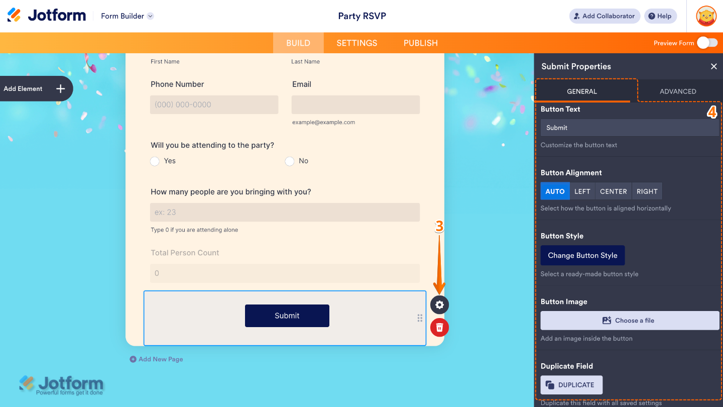 Submit button properties panel showing options for button text, alignment, style, image, and duplicate field