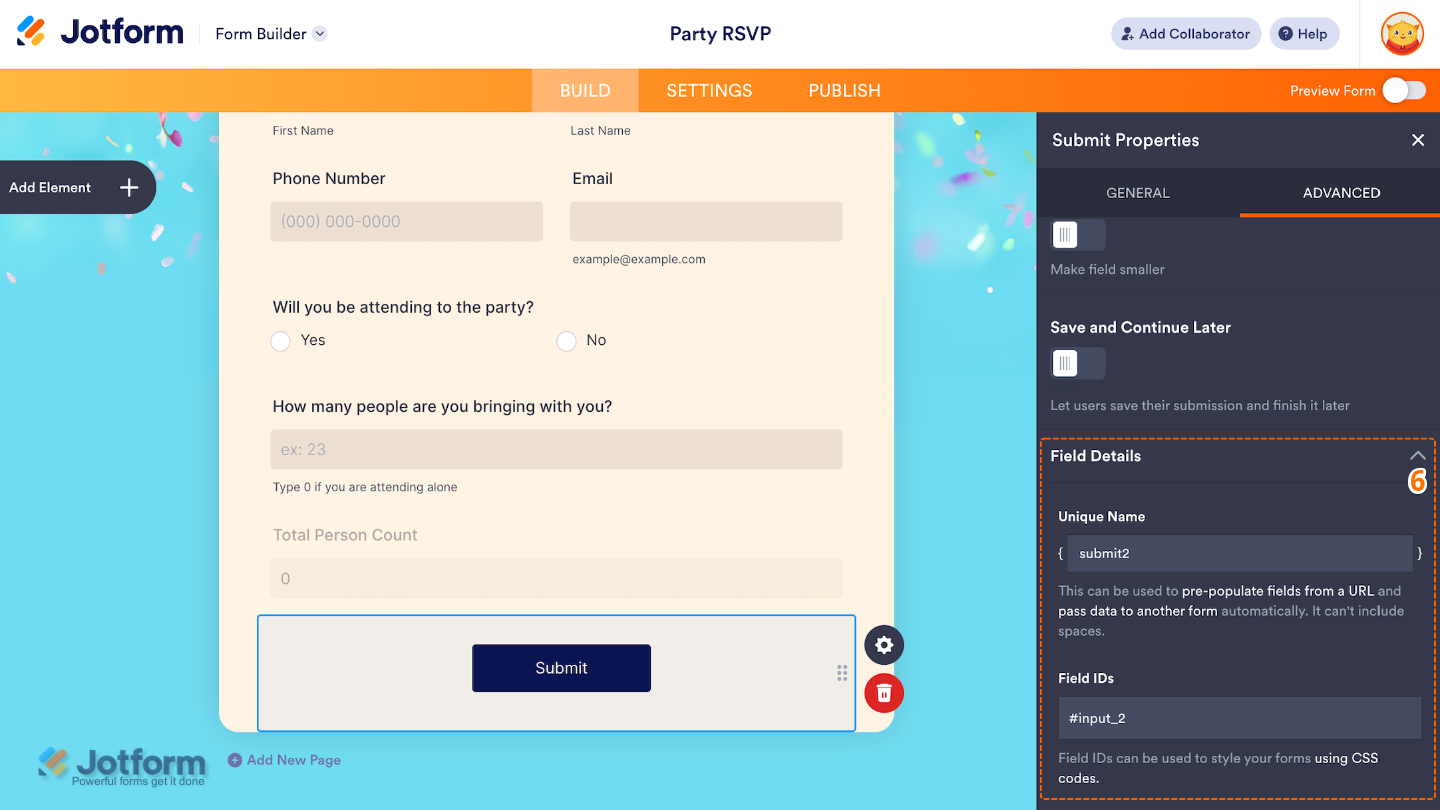 Submit button Field Details section showing unique name and field IDs for technical configuration
