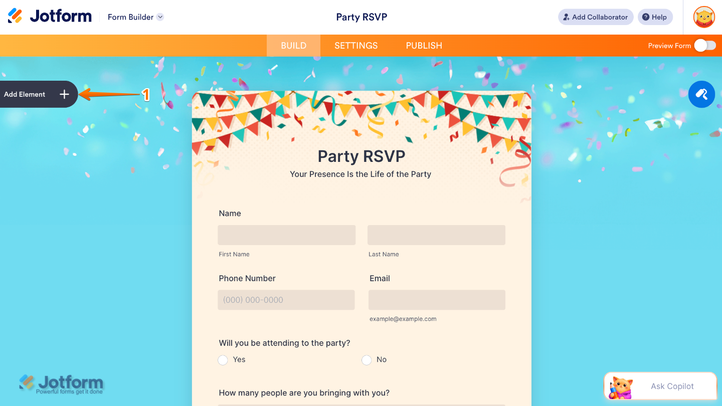Form Builder interface highlighting the Add Element button on the left panel to add new fields and widgets