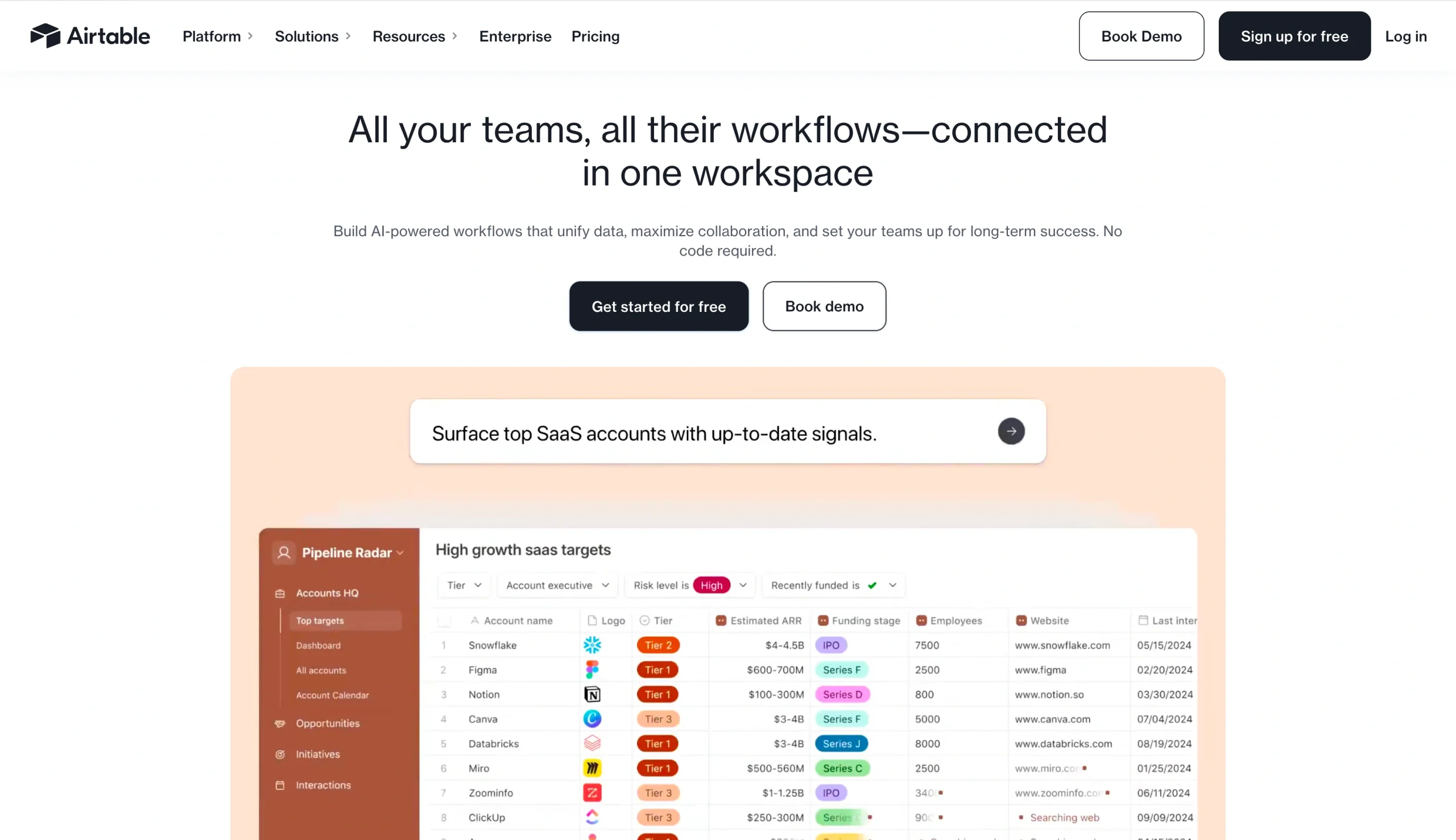 Screenshot of the Airtable landing page, showing a headline "All your teams, all their workflows—connected in one workspace