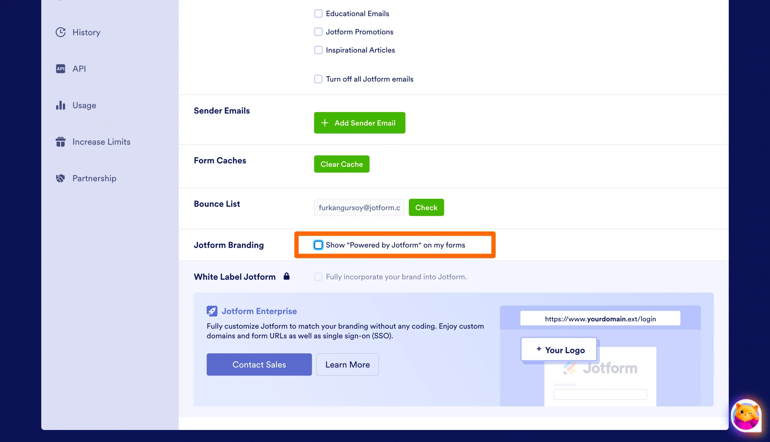 Jotform Branding settings with the “Show Powered by Jotform on my forms” checkbox highlighted