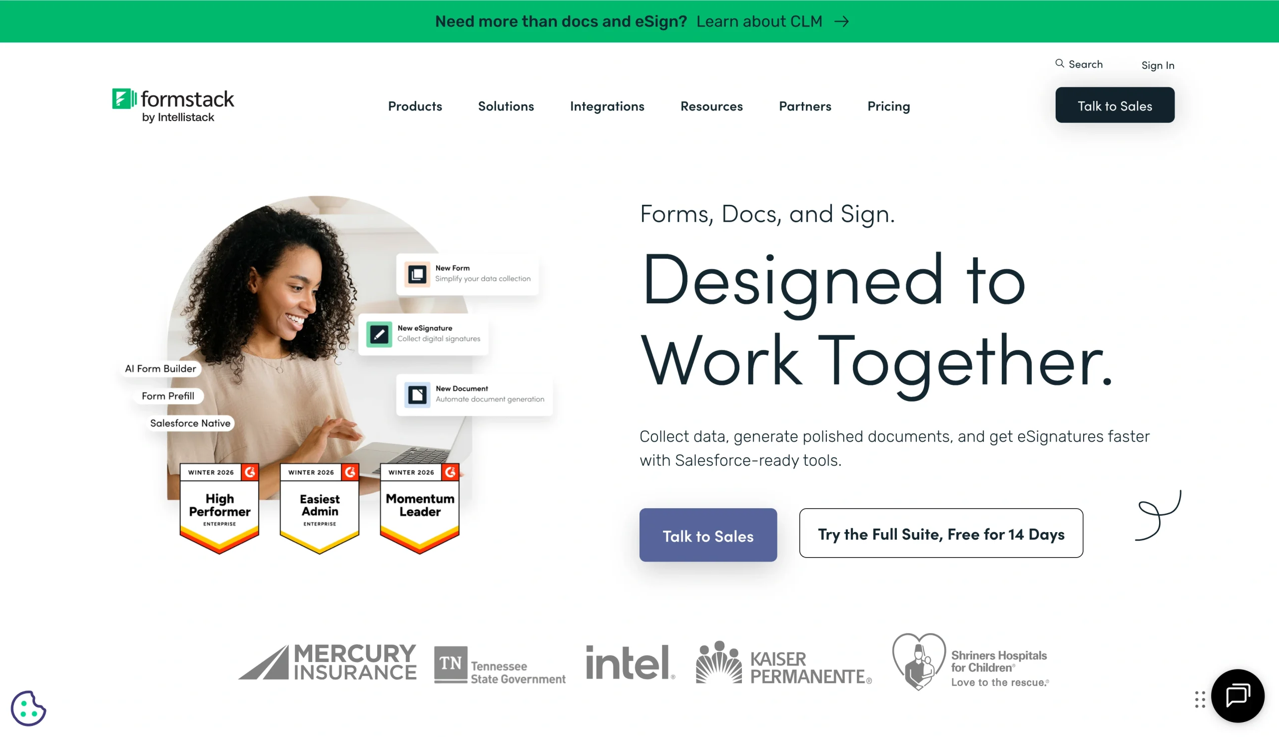 Screenshot of the Formstack landing page, showing a headline "Designed to Work Together