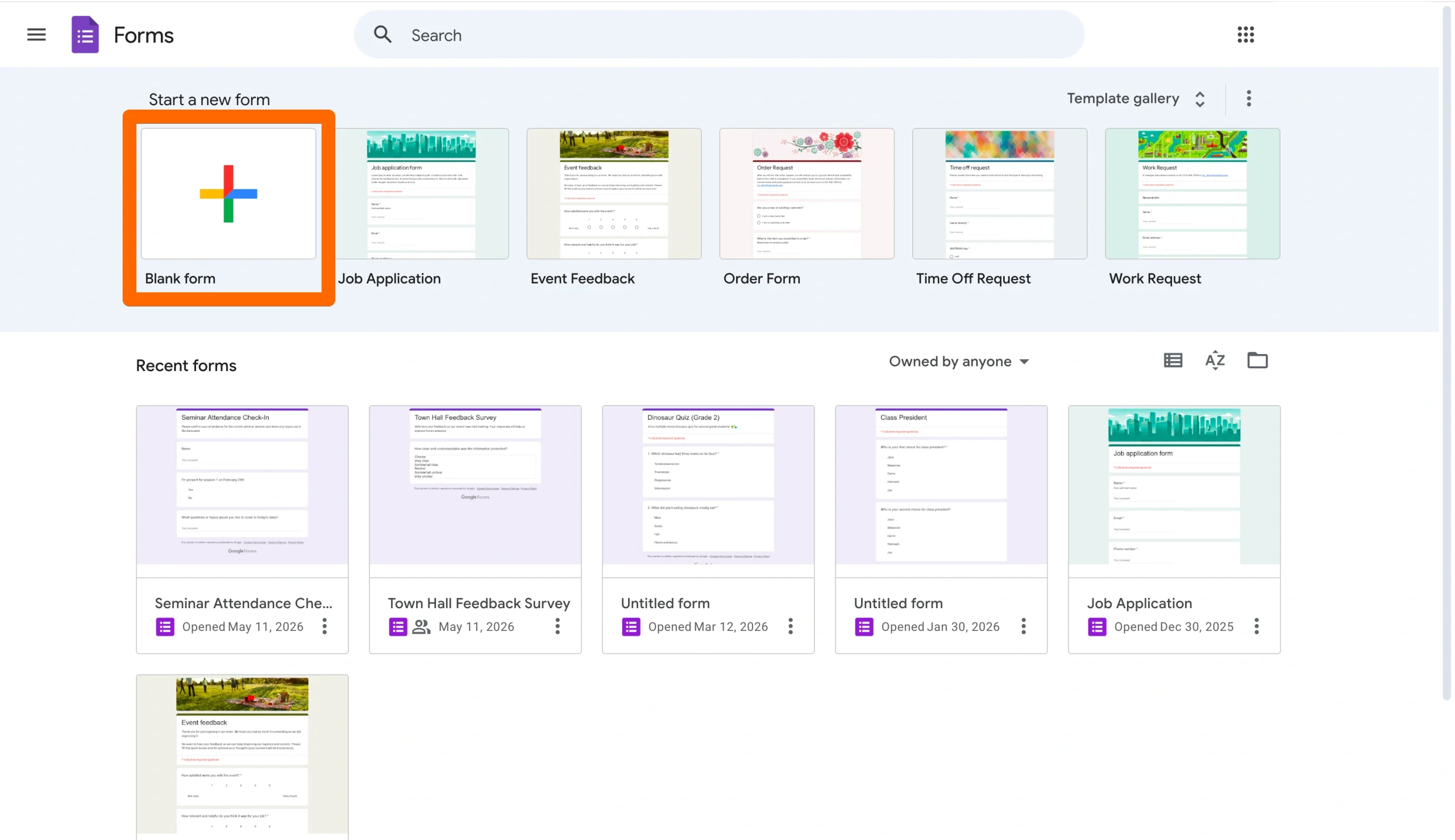 Google Forms homepage with Blank Form highlighted