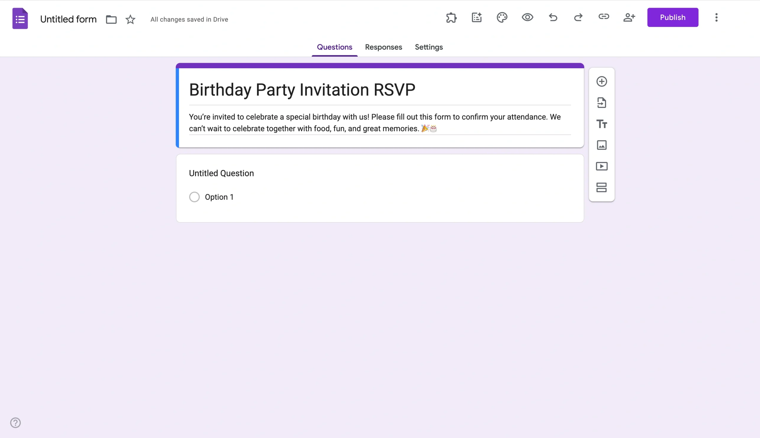 Google Forms editor with a birthday RSVP title and description