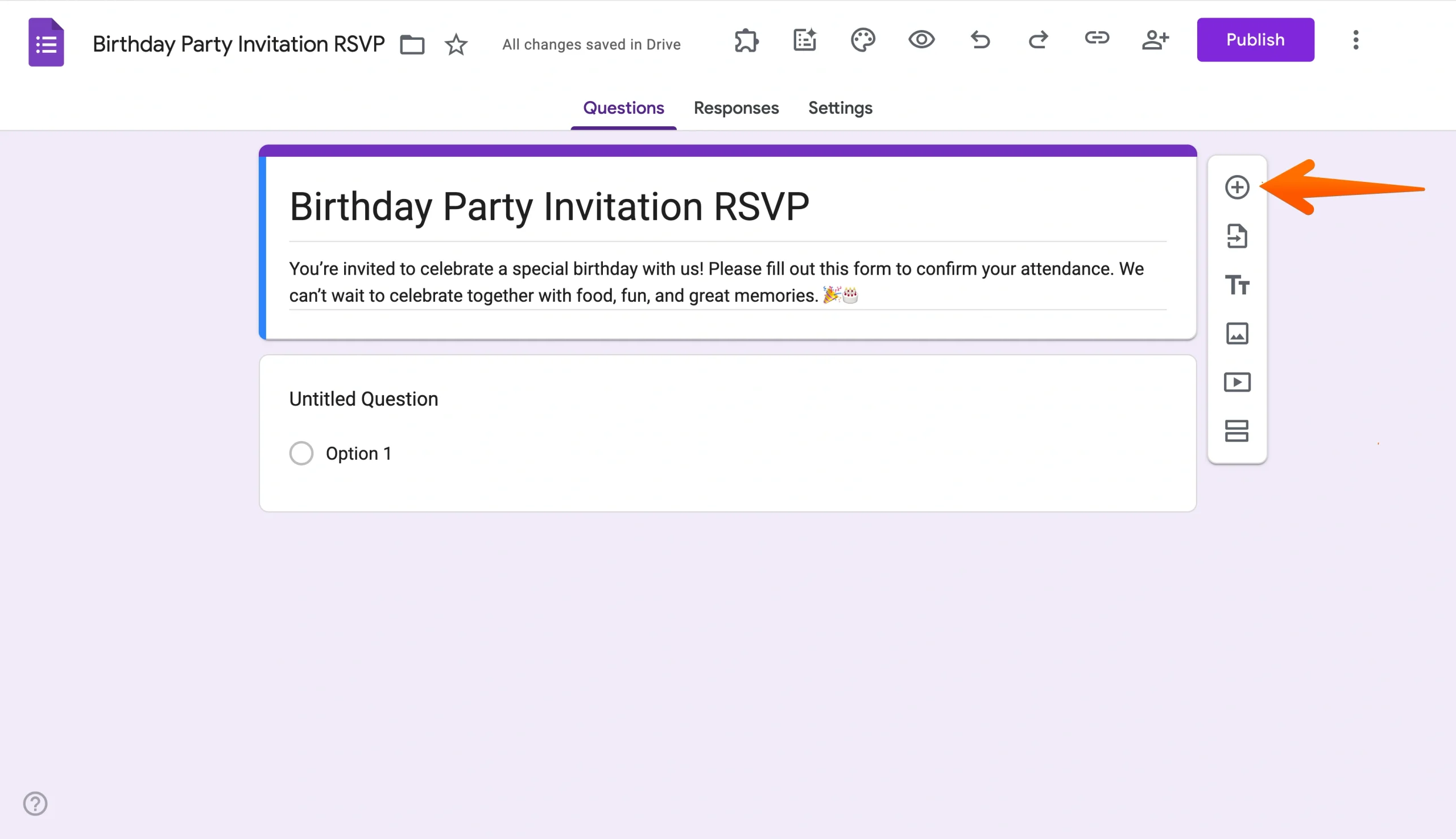 Google Forms editor with the plus button highlighted to add a question