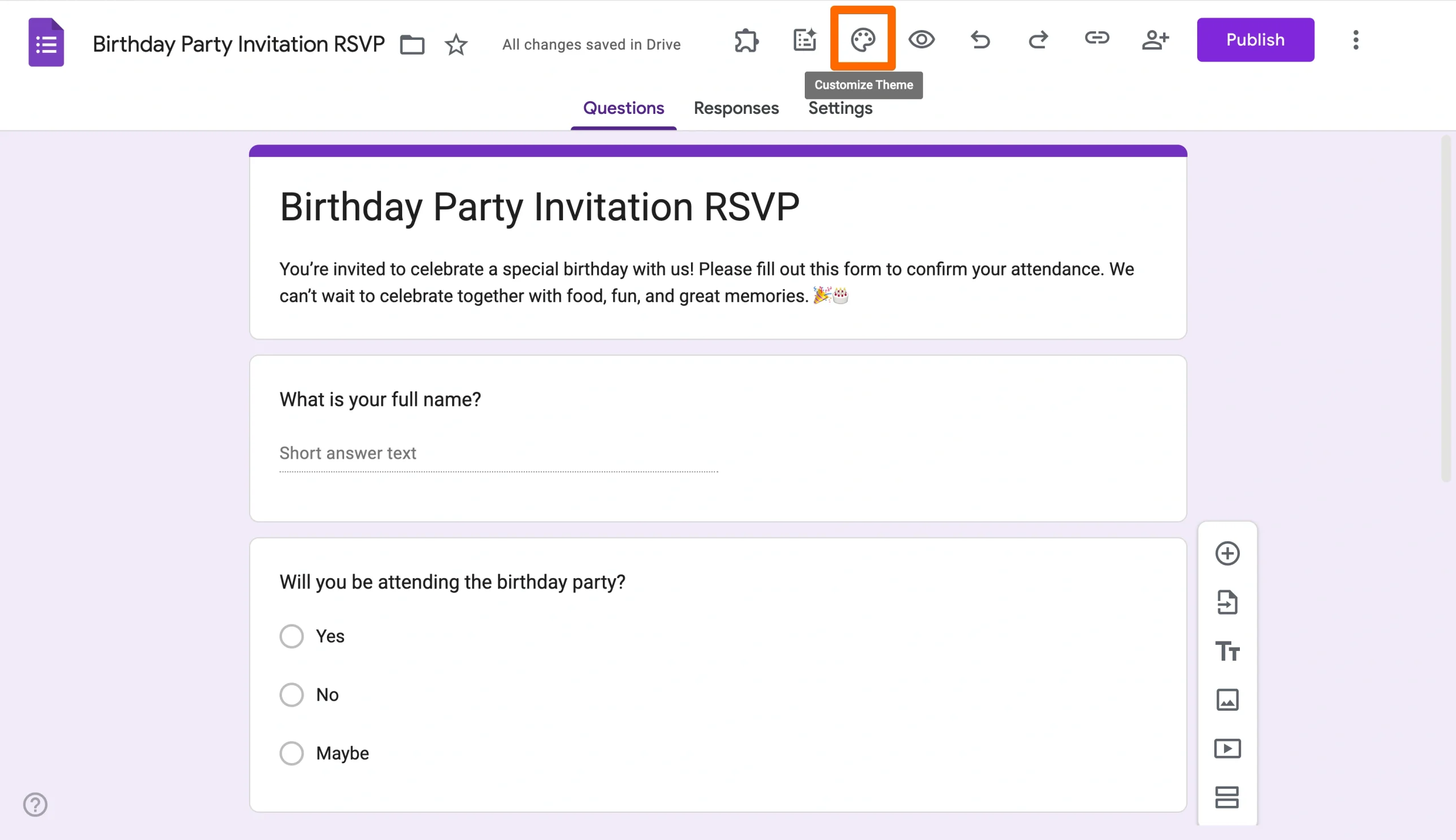 Google Forms editor with the Customize Theme button highlighted