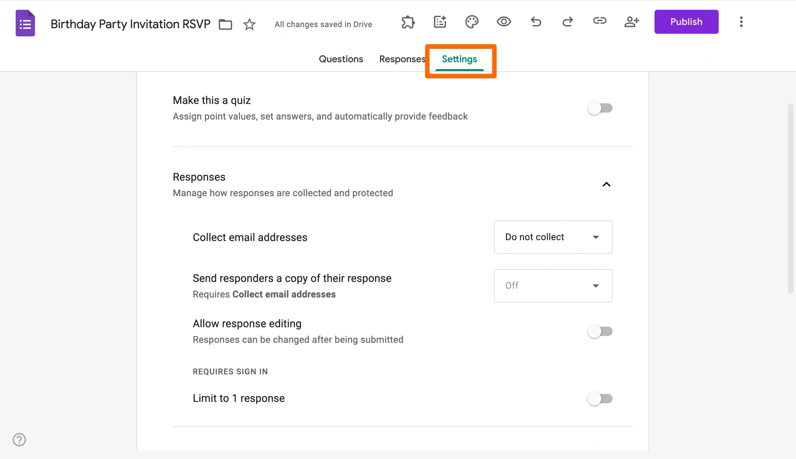 Google Forms Settings tab showing response options