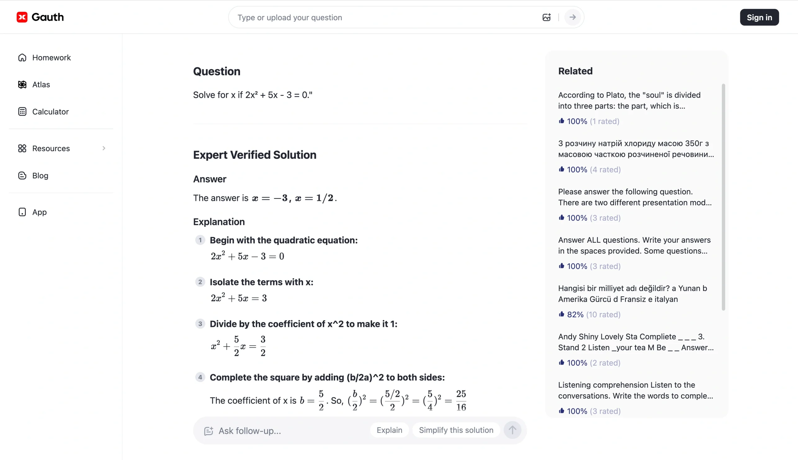 Gauth homework solver showing a step-by-step solution for a quadratic equation problem