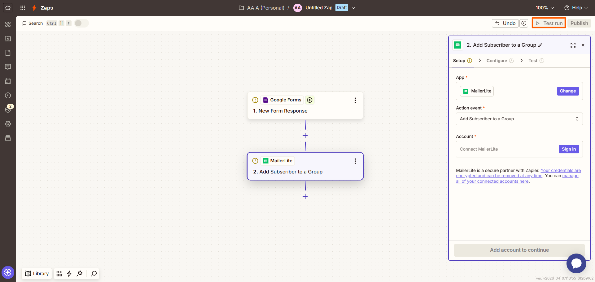 Zapier Zap Builder Test run Button