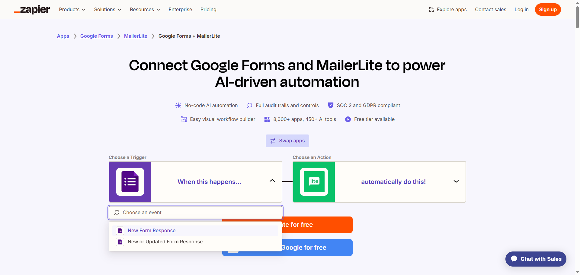 Zapier Google Forms MailerLite Integration Trigger Selection