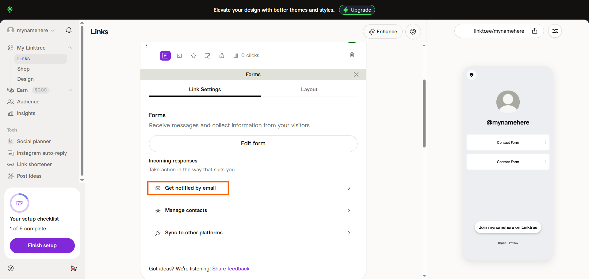 Linktree form settings panel with the Get notified by email option highlighted